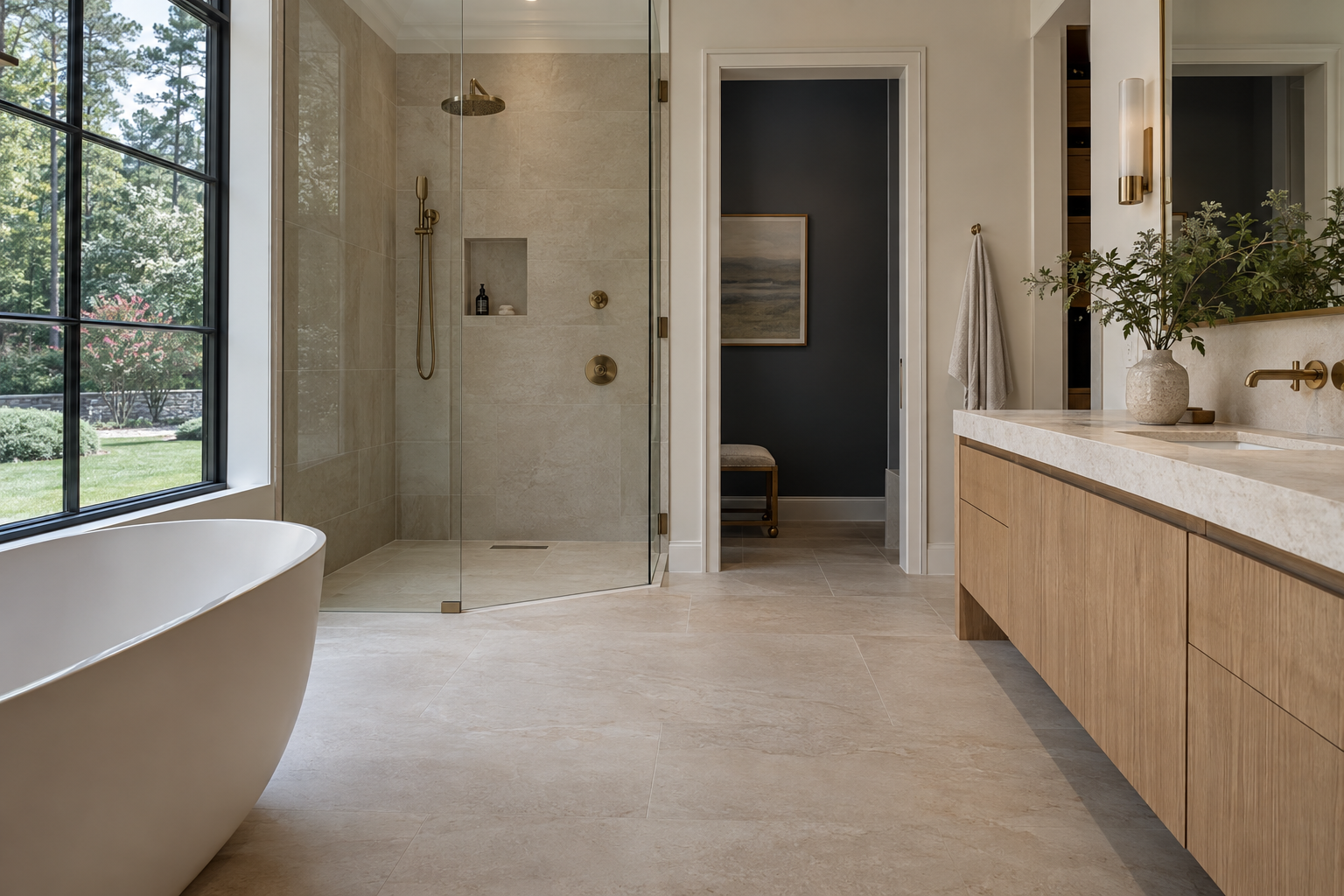 Limestone-toned bathroom tile with aligned grout joints meets a white oak vanity and a walk-in shower illuminated by soft window light.