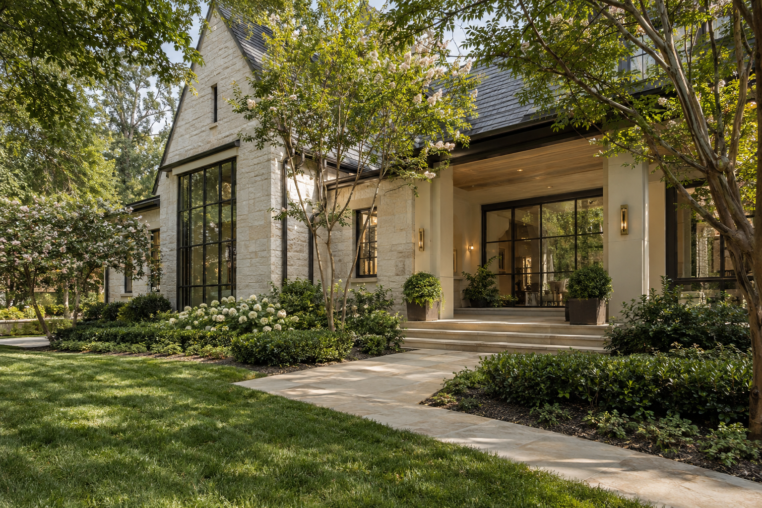 A limestone residence with a covered terrace faces a gently graded lawn and shallow planted swale framed by mature Piedmont trees.