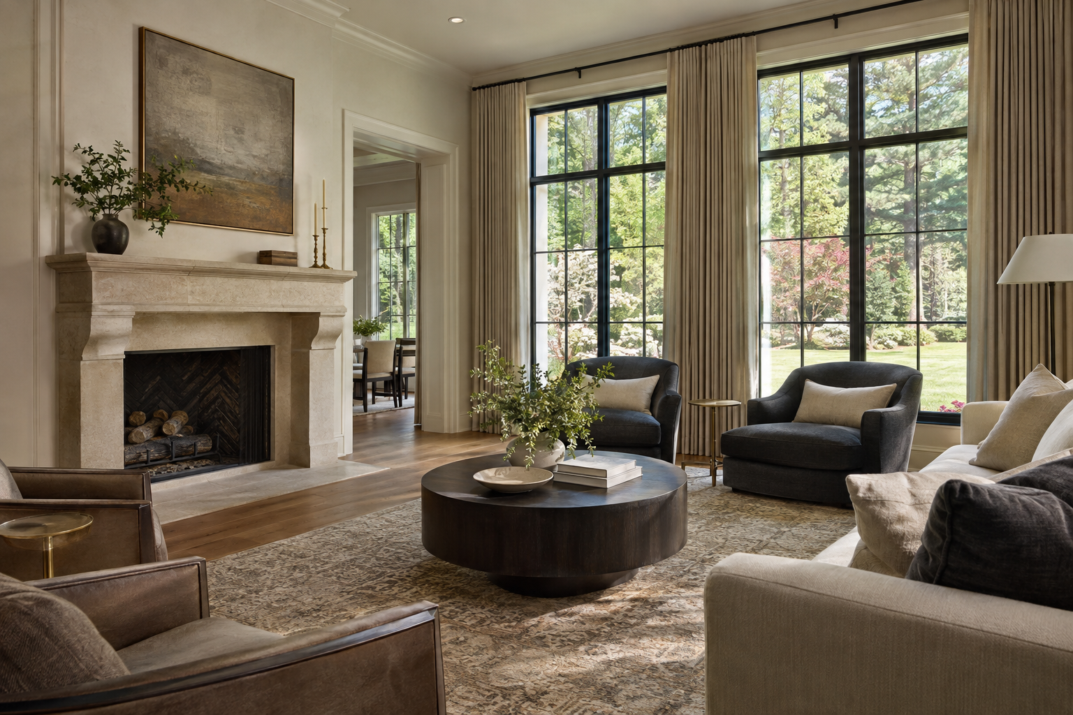 A living room with a tall plain ceiling, limestone hearth, white oak floor, and grouped seating beside windows overlooking a tree-lined lawn.