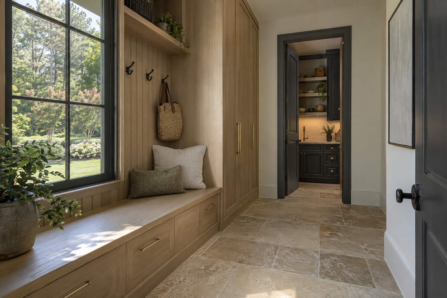 A mudroom with limestone flooring, a white oak bench and cabinetry opens toward a scullery, with leafy trees visible through a side window.