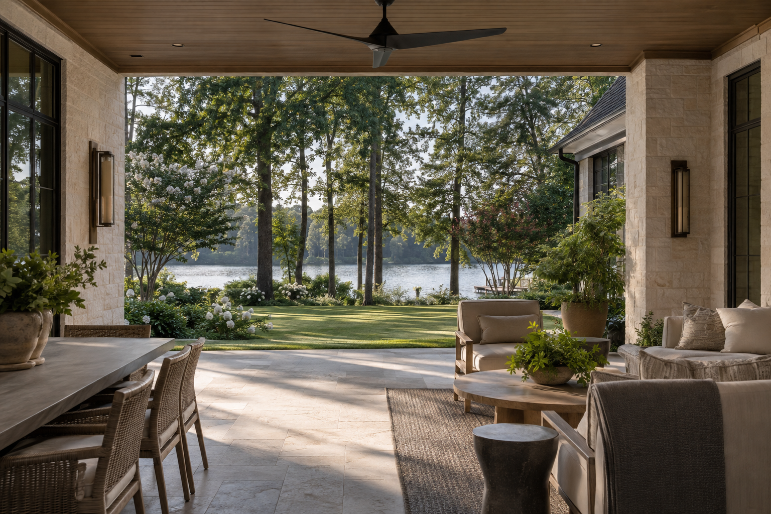 A limestone residence with a covered terrace overlooks a freshwater lake through mature trees on flat Piedmont terrain.
