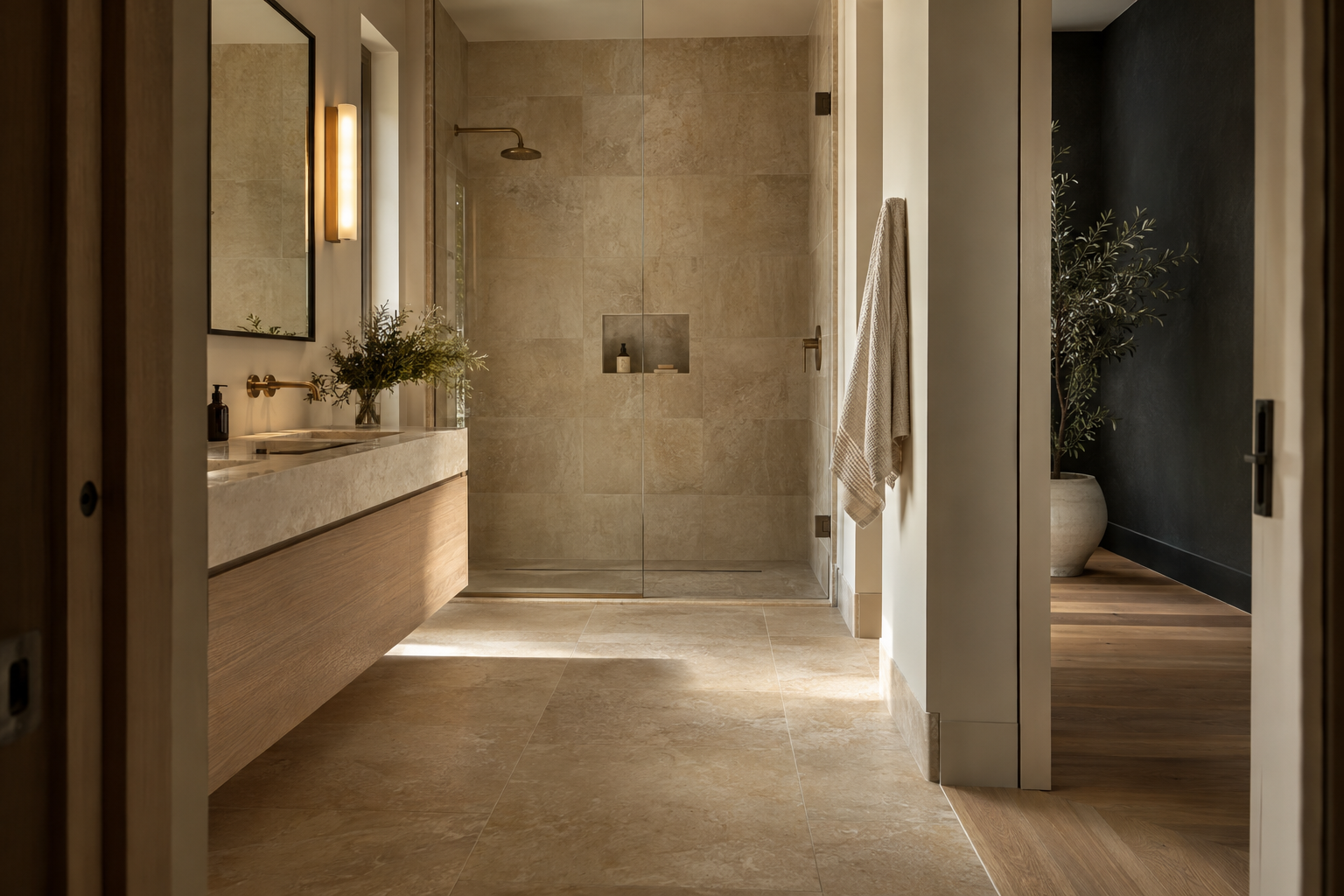 A limestone-tiled bathroom features tonal grout joints, an aligned shower niche, a white oak vanity and muted brass fittings in soft daylight.