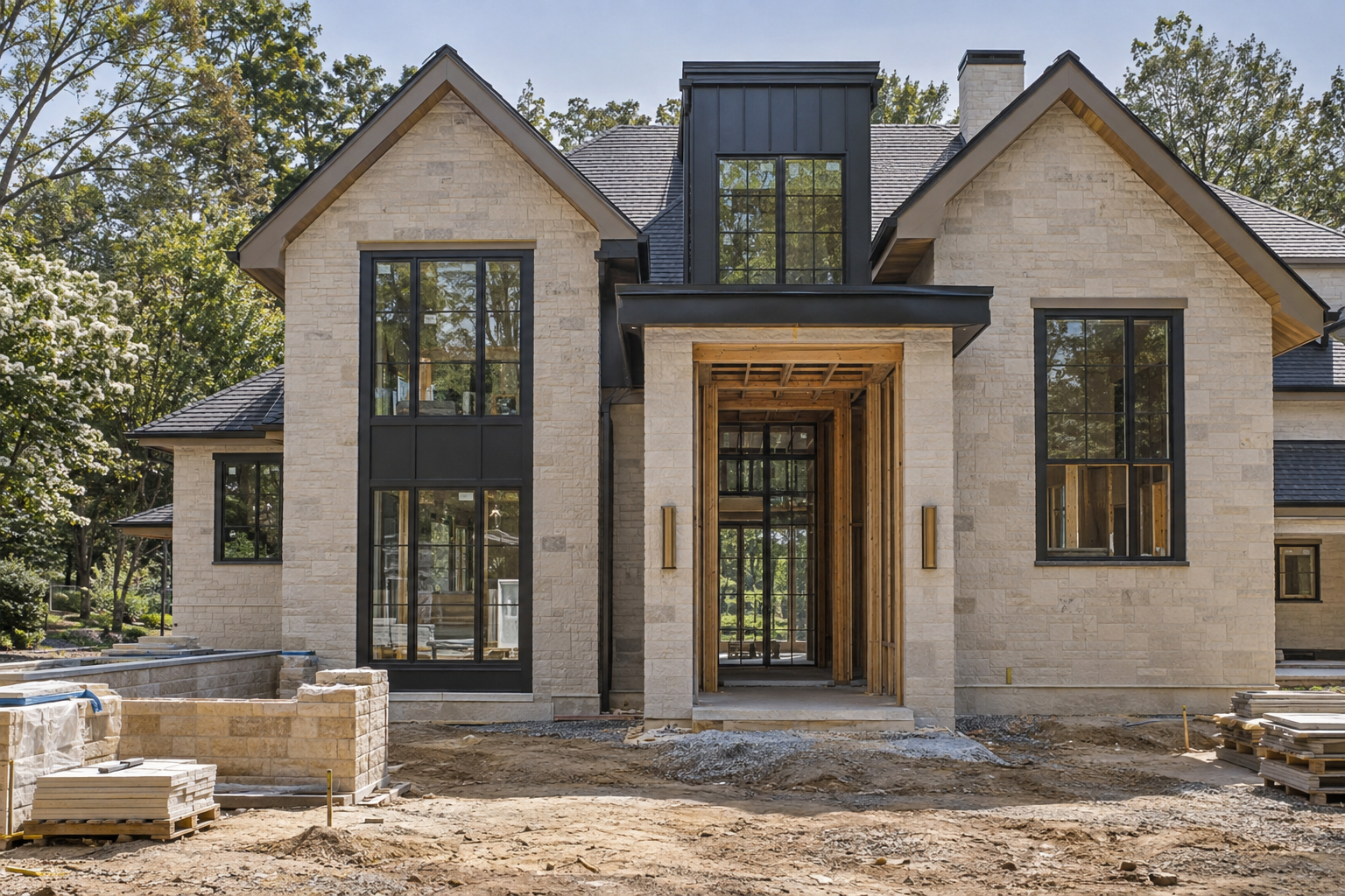 A residence under construction with installed windows, a partially completed limestone facade and exposed entry framing amid mature Piedmont trees.