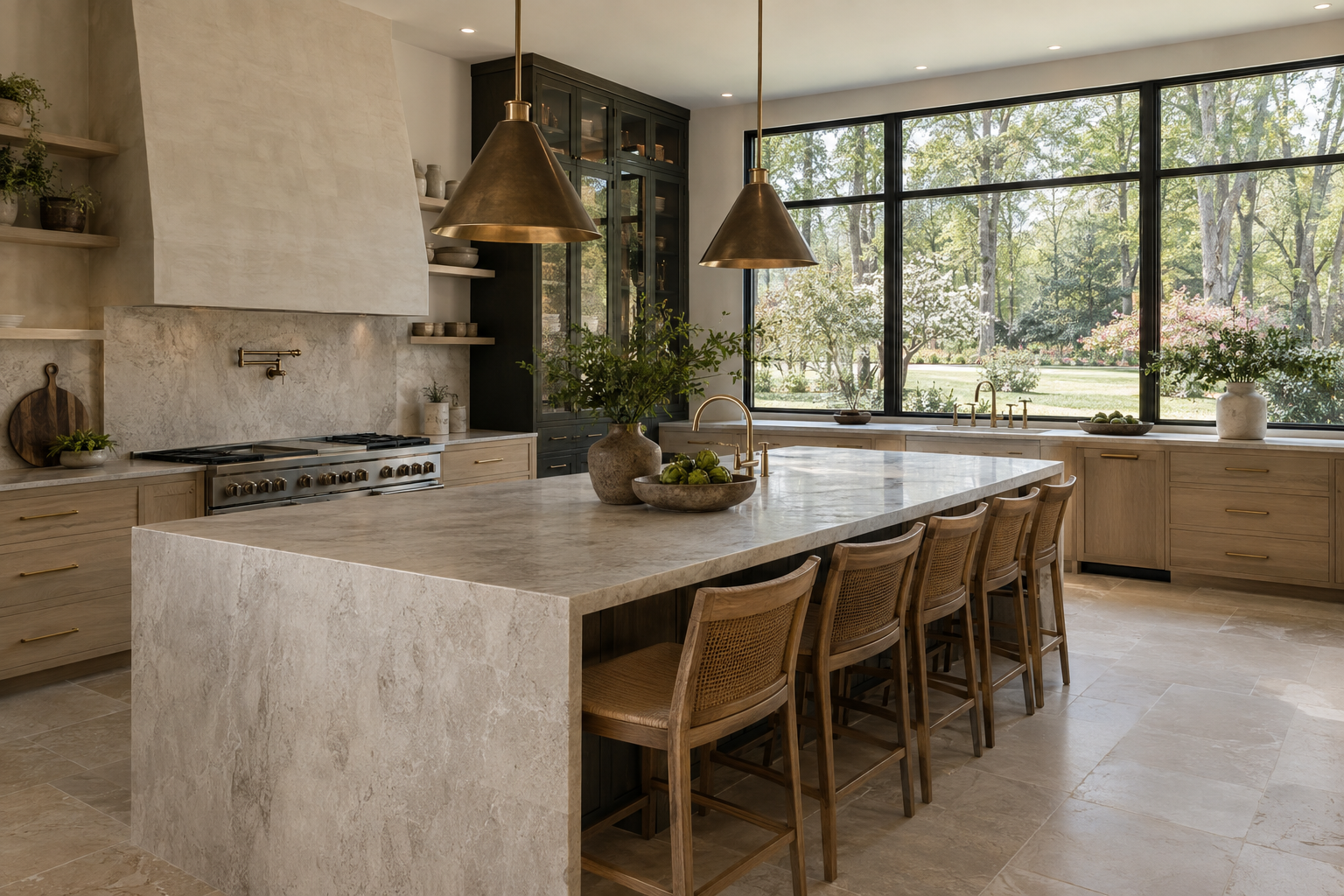 Daylight falls across a honed, veined stone kitchen island with an eased edge, white oak cabinetry and windows overlooking a green Piedmont garden.