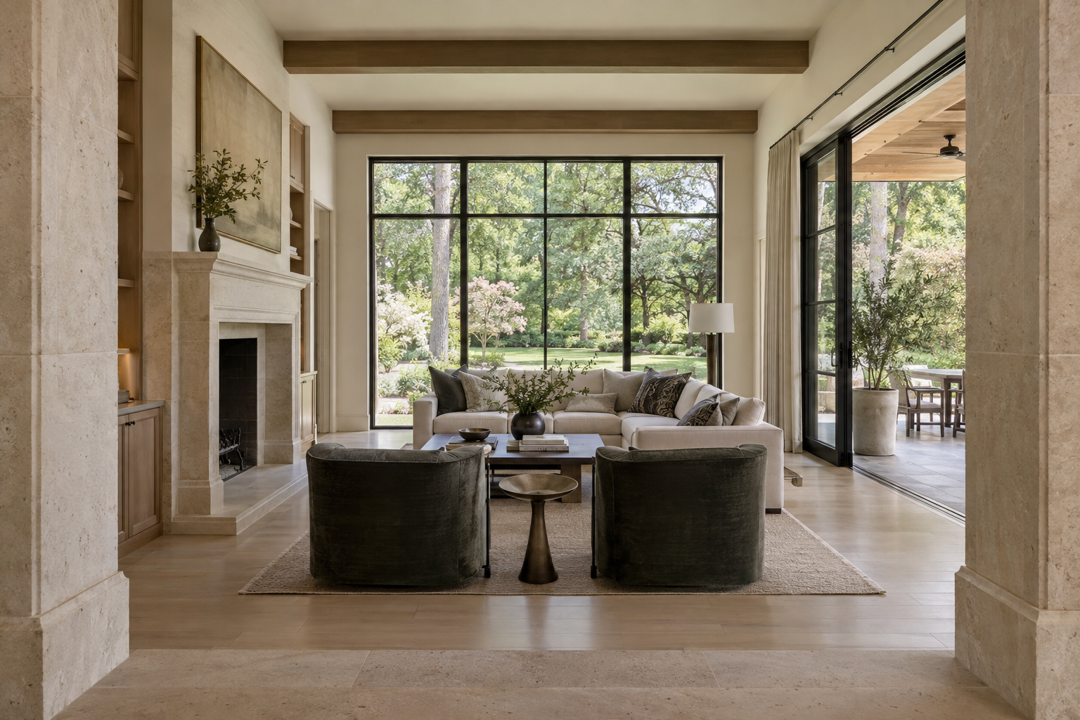 An entry opens into a living room with white oak floors, a limestone fireplace and garden-facing windows overlooking a covered terrace and mature trees.
