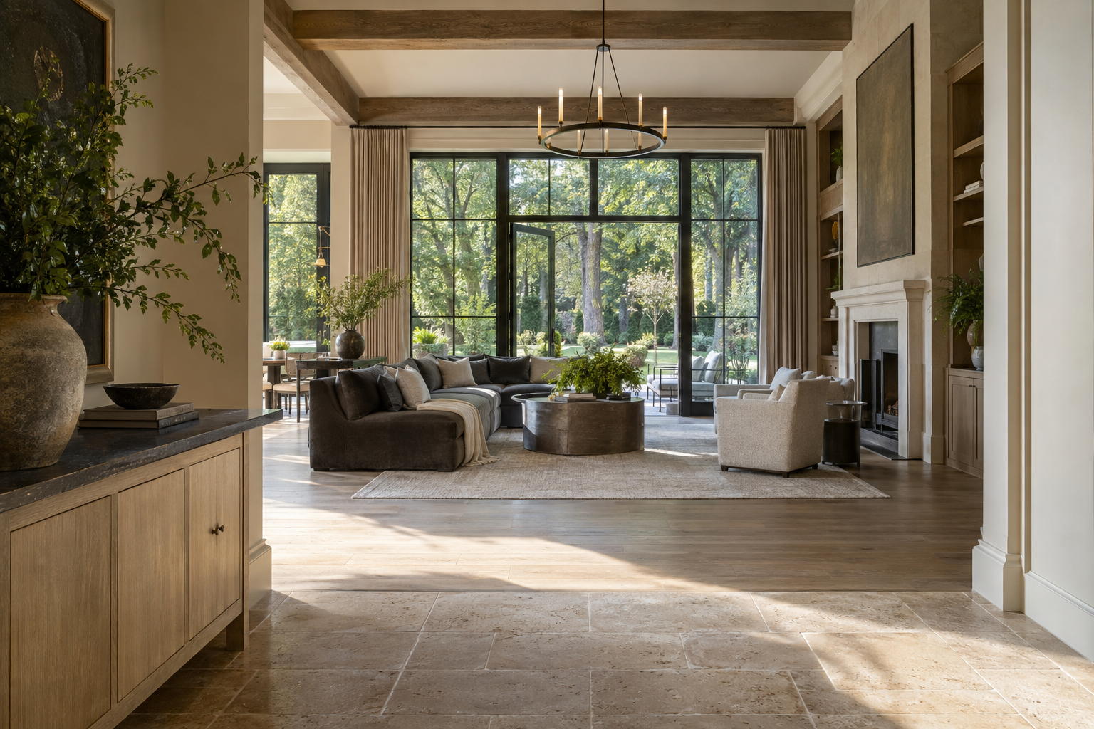 View from an entry through a living room with limestone, white oak and dark metal windows overlooking a level lawn and mature trees.