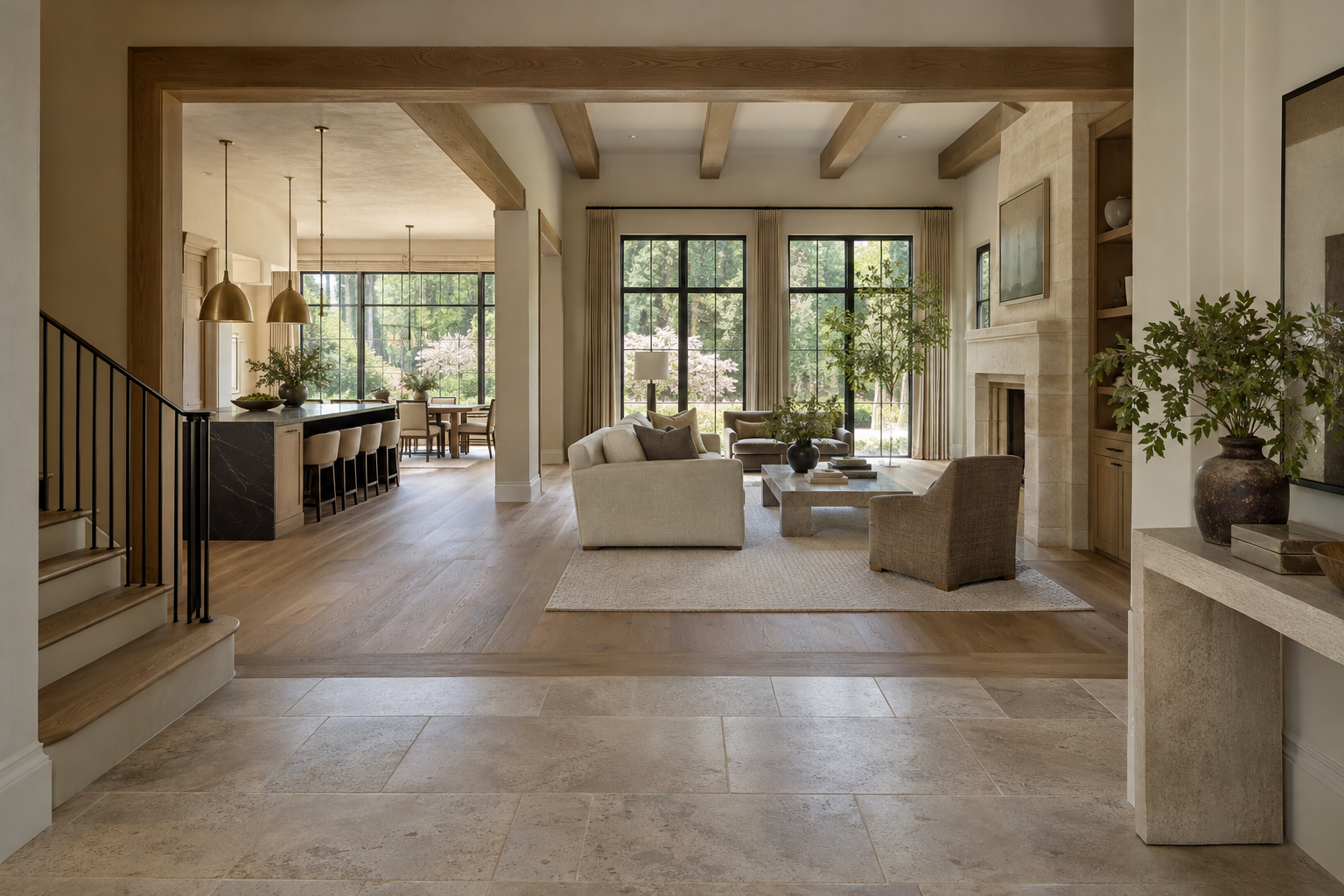 Connected entry, living room and kitchen share warm limestone, white oak, dark metal and muted brass finishes, with leafy trees visible through tall windows.