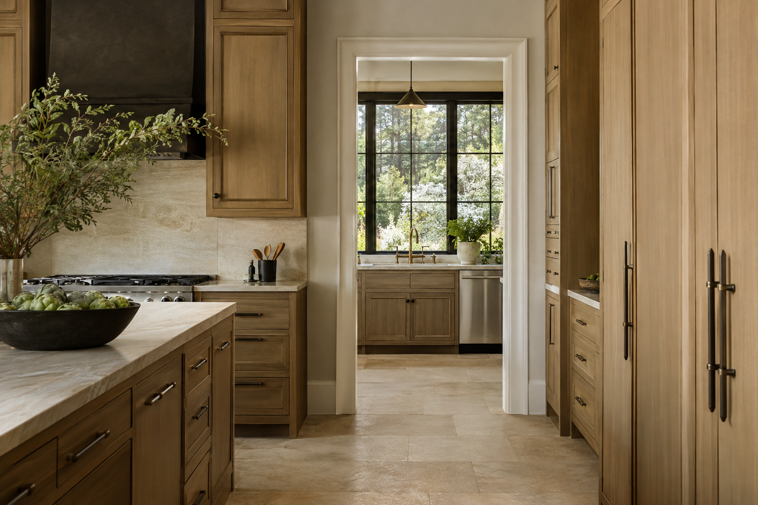 An offset doorway connects a principal kitchen to a white oak scullery with a sink, preparation counter and window overlooking trees.
