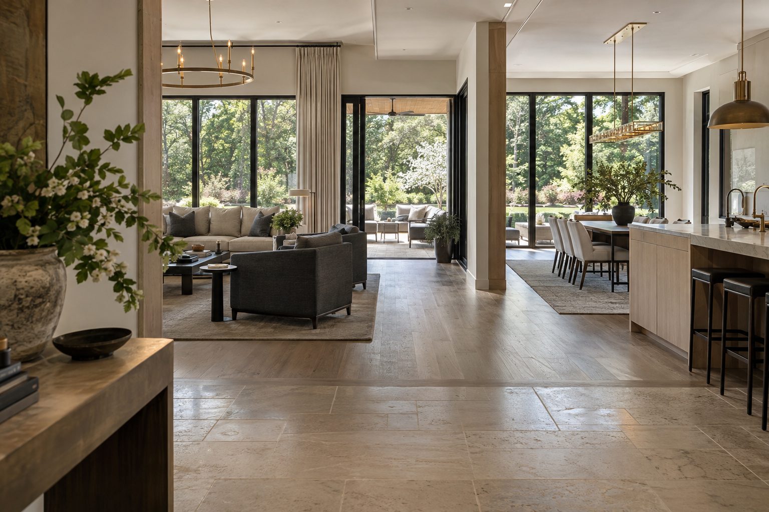 An entry passage opens toward connected living, dining, and kitchen spaces, with white oak finishes and windows overlooking a tree-lined lawn.