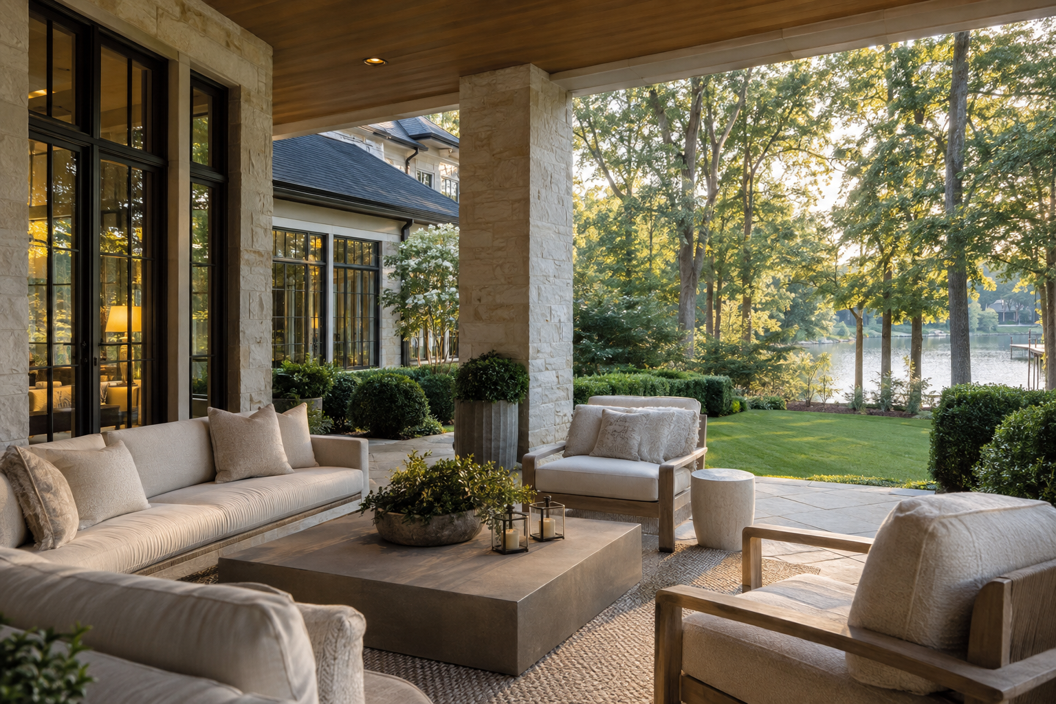 A limestone residence with a covered terrace overlooks a flat, tree-lined garden with a glimpse of inland lake water.