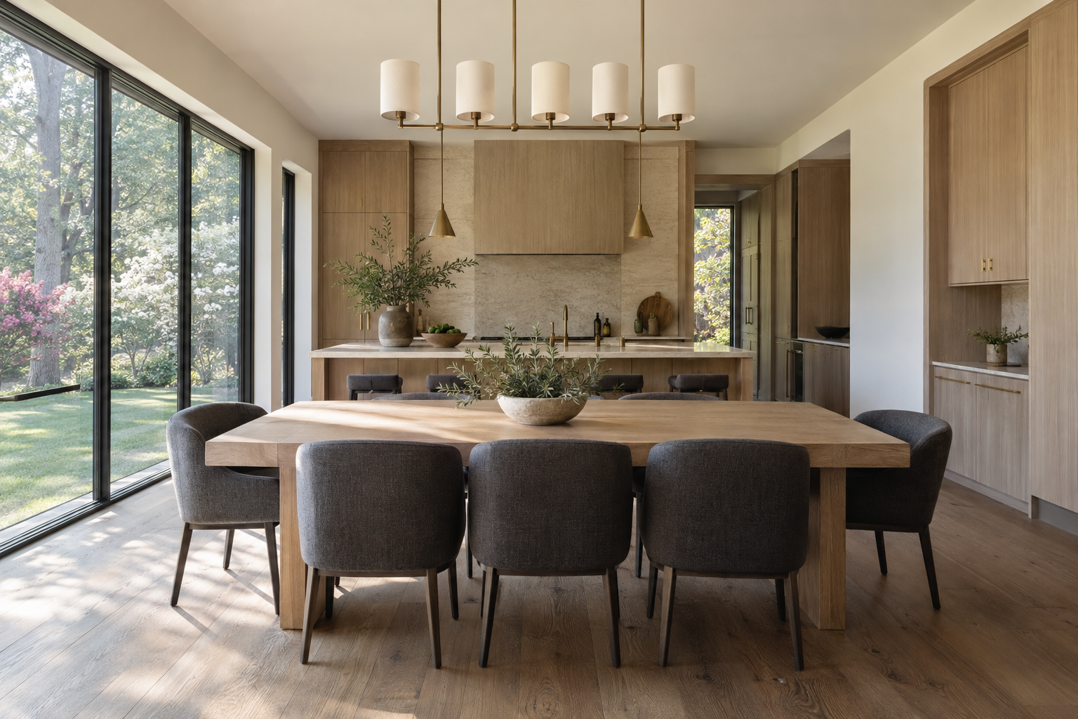 White oak cabinetry, a ray-flecked oak dining table, and cathedral-grain oak flooring share a light-filled interior overlooking a flat, tree-lined lawn.