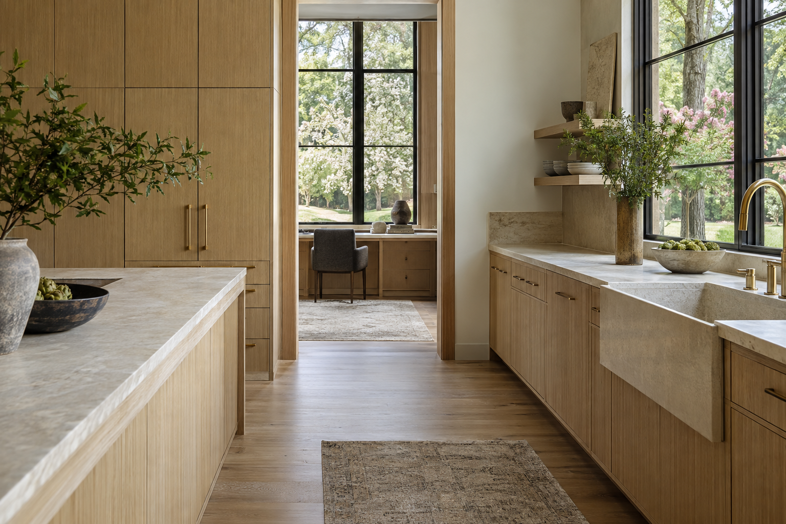 White oak kitchen cabinetry and plank flooring frame a view into a study with figured oak cabinetry, with limestone surfaces and trees beyond the windows.