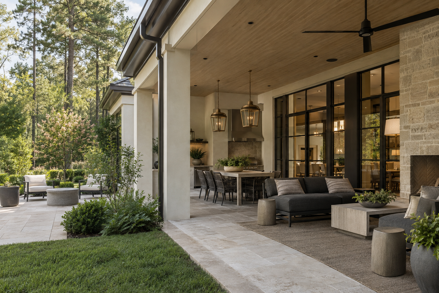 A covered terrace with limestone paving, a wood ceiling and charcoal seating opens onto a lawn bordered by mature Piedmont trees.