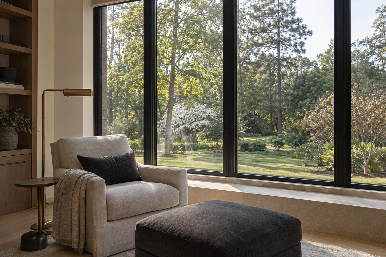 A linen reading chair sits beside a black-framed window with a limestone sill overlooking a lawn and mature trees.