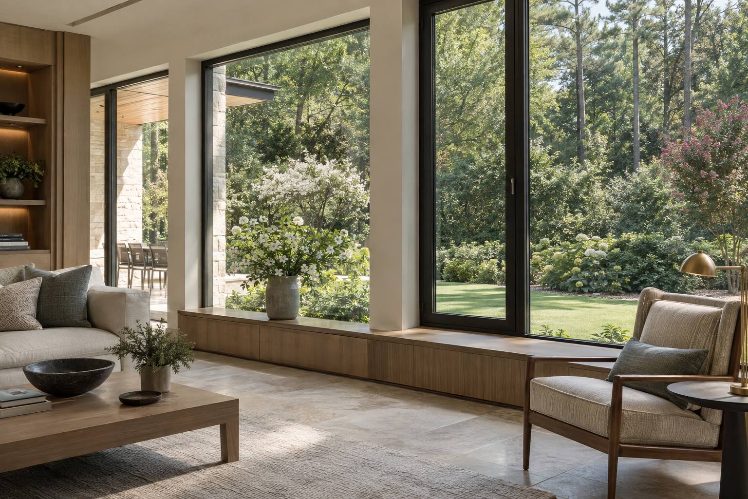 Tall charcoal-framed windows with deep reveals overlook a flat, tree-lined garden from a living room finished in limestone, white oak, and pale plaster.
