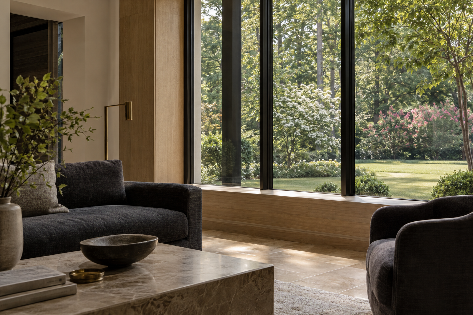 A living room with white oak window reveals, dark metal frames, and limestone flooring overlooks a flat lawn bordered by mature Piedmont trees.