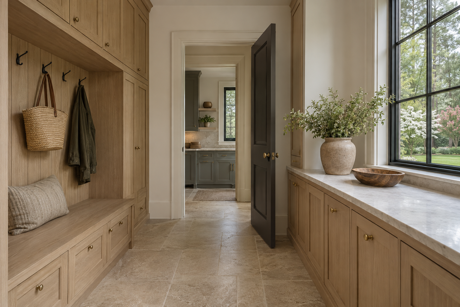 A mudroom with limestone flooring, white oak cabinetry, a bench and a landing counter opens toward a separate scullery.