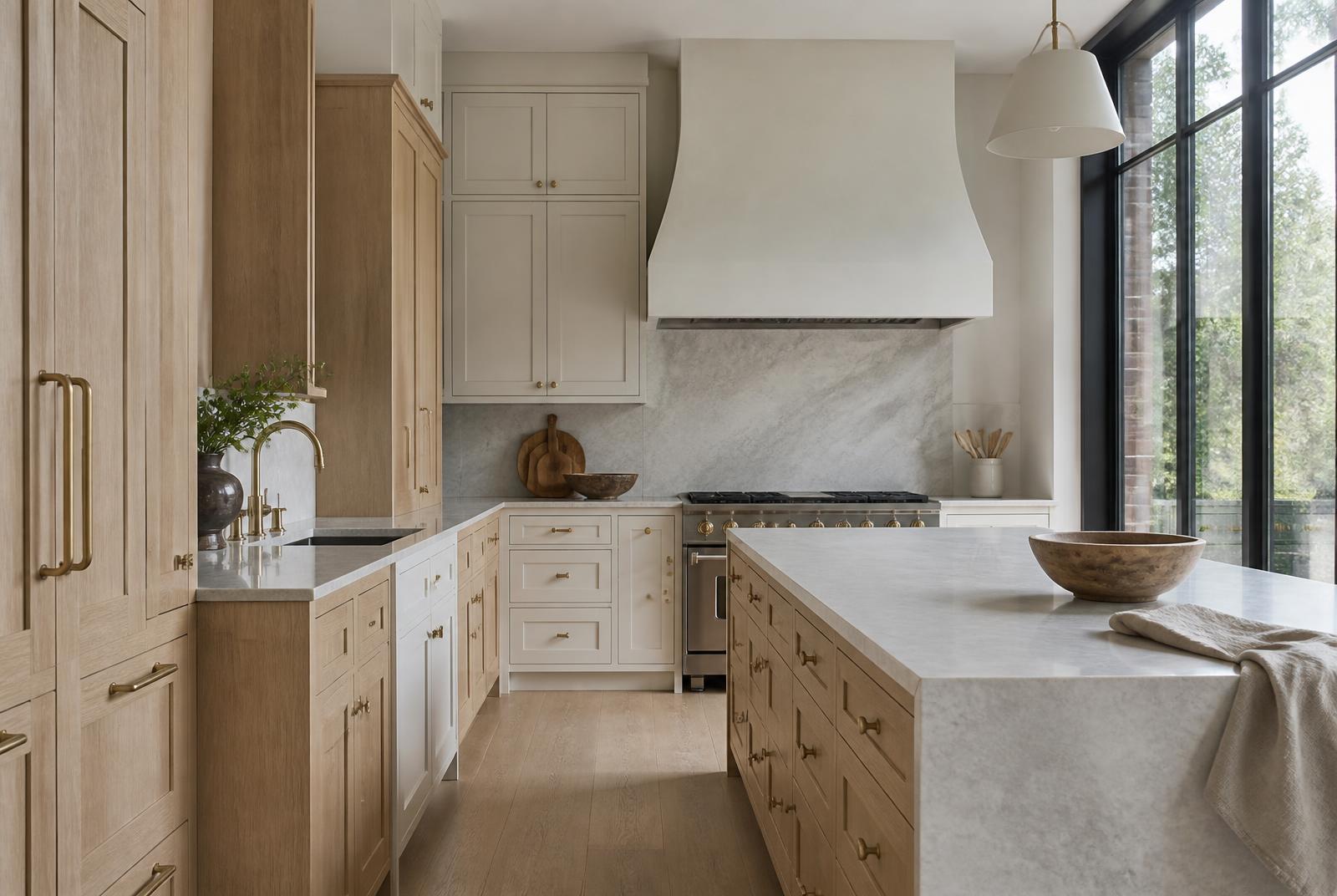 A refined kitchen composed in oak, pale stone and warm metal finishes.