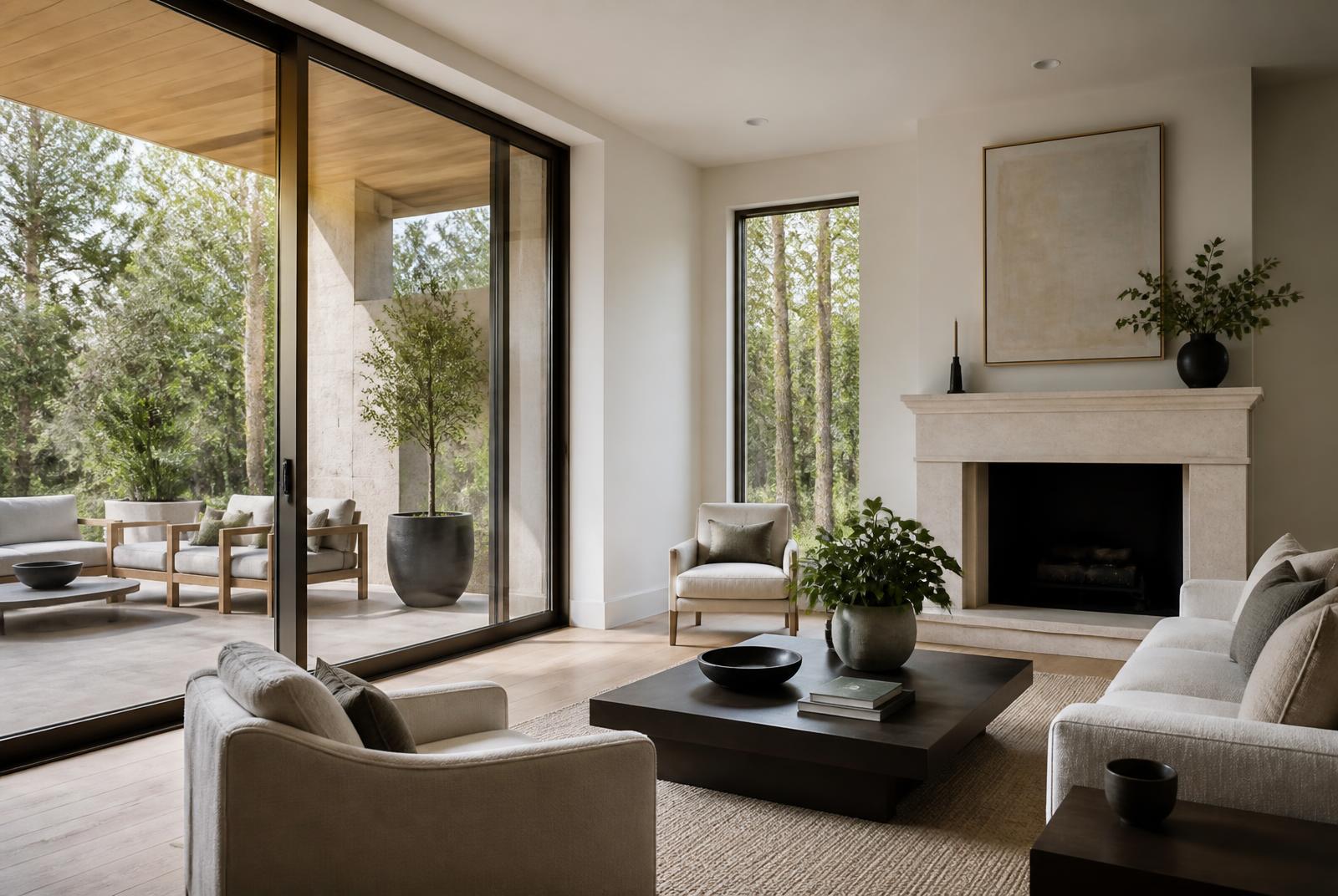 Living room opening to a covered terrace through bronze-framed doors.