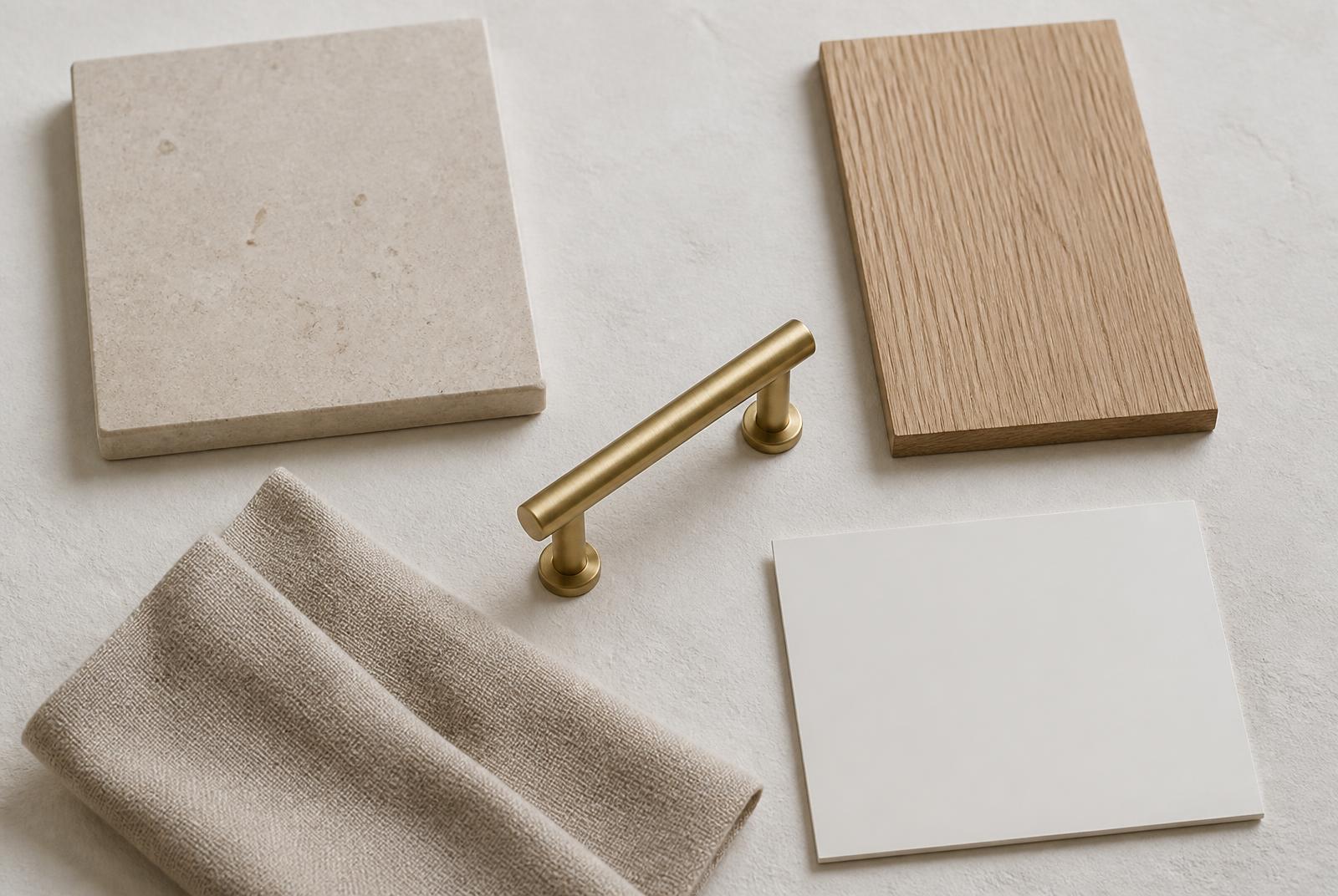 Material study: limestone, white oak, brass hardware, linen and a painted sample.