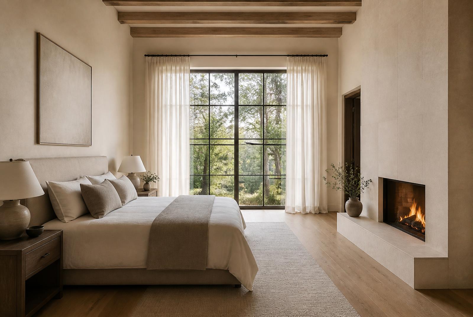Primary bedroom with plaster walls, a stone fireplace and a tall window.